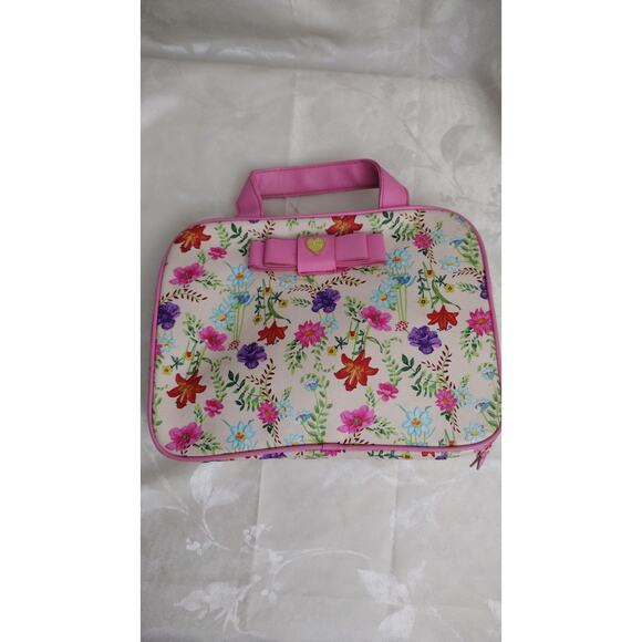 Betsey Johnson Floral Cosmetic Train Case Toiletry Bag Pink Bow Heart 13x10 - Picture 2 of 5